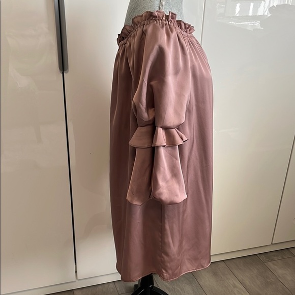 BLUSH Satiny Off-Shoulder Puff Sleeve Lined Dress in Blush, Size M - Picture 6 of 11